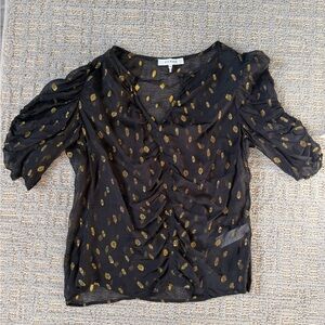 Frame Denim Black Sheer Blouse with Gold Patterns